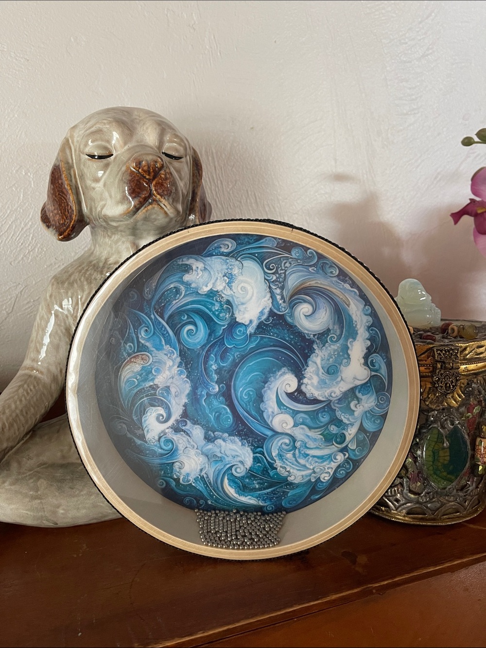 Hand-Painted Blue Swirl Decorative Bead Drum Art 8”